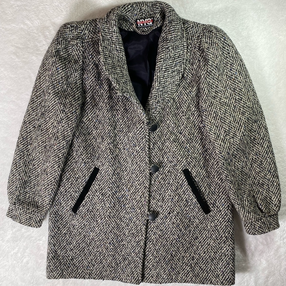NYC New York Girl Vintage Tweed Coat Herringbone Velvet Trim Made in USA